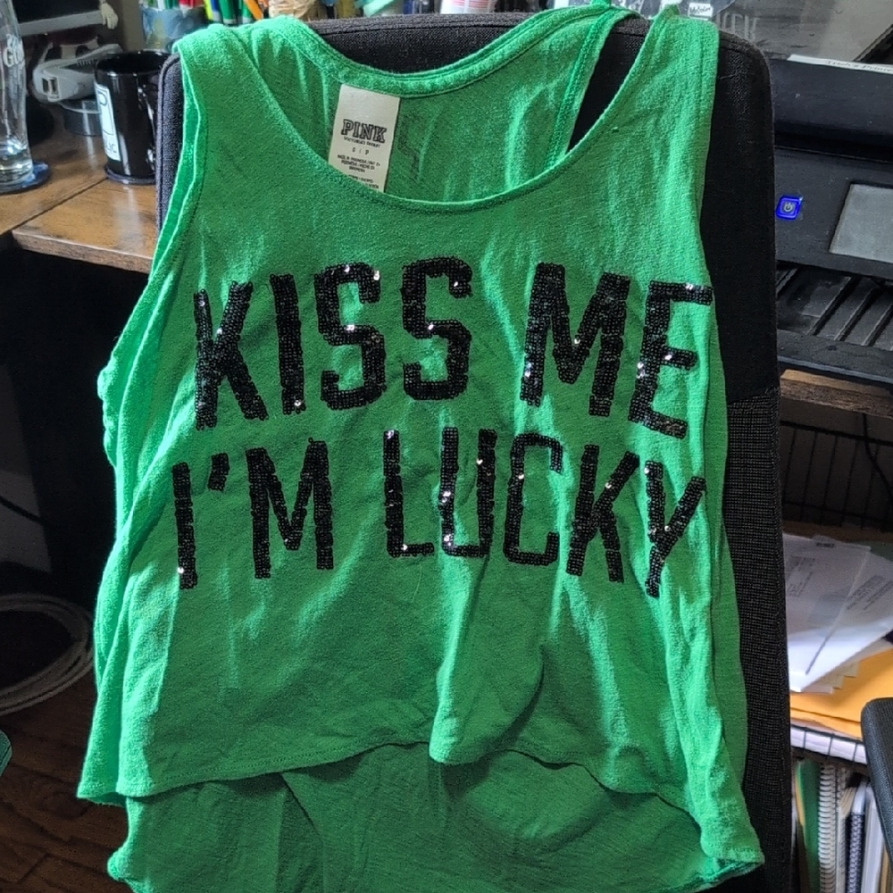 PINK Victoria's Secret Green Tank Top with Black Lettering